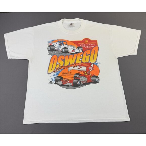 Rare Vintage Y2K Budweiser Oswego Speedway Car Racing Joe Gosek White XL Promo T - Picture 1 of 7